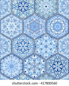 Luxury Oriental Tile Seamless Pattern. White Blue Floral Patchwork Background. Mandala Boho Chic Style. Rich Flower Ornament. Hexagon Design Elements. Portuguese Moroccan Motif. Unusual Flourish Print