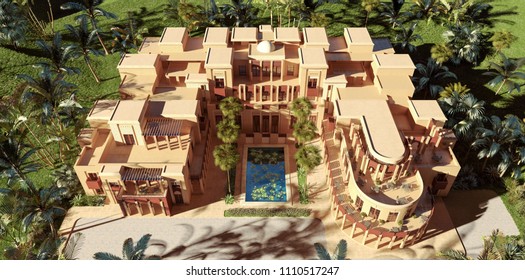 Luxury Palace In Mountains, 3d Render