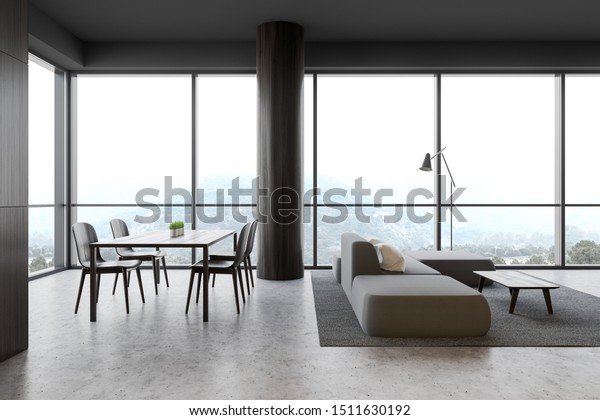 Luxury Panoramic Living Room Interior Wooden Stock
