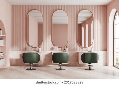 Luxury pink beauty care salon interior with large mirrors, green armchairs in row on grey concrete floor. Dresser with accessories and panoramic window on tropics. 3D rendering