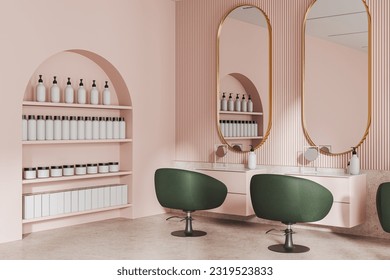 Luxury pink salon interior with oval mirrors, green armchairs in row on concrete floor. Built in arched shelf with bottles, side view accessories and modern furniture. 3D rendering - Powered by Shutterstock