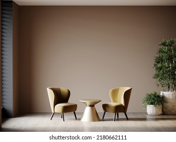 Luxury Premium Living Room With Two Yellow Mustard Armchairs And A Golden Brass Table. Painted Accent Empty Wall For Art. Dark Room Interior Design. Mockup Space Ivory Brown Color. 3d Rendering