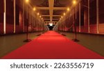 Luxury Red Carpet Entry with Spot Lights Golden Falling Particles Shimmer for show recognition award night. Event Night Concert Celebrity paparazzi Wedding Ceremony, 3D Illustration. 3d illustration.