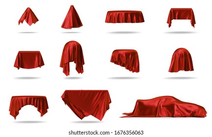 Luxury red silk velvet, cloth covers objects example square table, round table, ball, car. Set of red clothes covers items isolated on white background with shadow, 3D Illustration