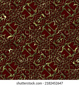 Luxury Regal Seamless Pattern With Gold Mesh Ornament In Style Of Fashion On Colorful Fabric Background. Design For Wallpapers And Textile Print. Luxurious Glossy Metalwork Fantasy Texture.