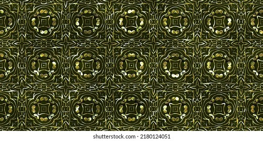 Luxury Regal Seamless Pattern With Silver Mesh Ornament In Style Of Fashion On Colorful Fabric Background. Design For Wallpapers And Textile Print. Luxurious Glossy Metalwork Fantasy Texture.