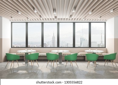 Luxury Restaurant Interior With Panoramic New York City View, Daylight And Furniture. Design Concept. 3D Rendering 