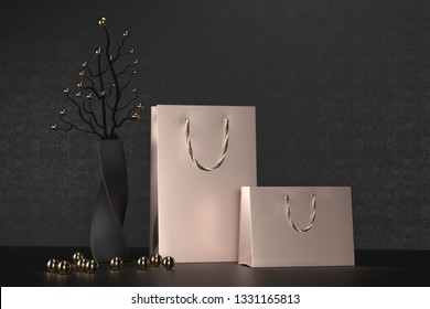 Luxury Rose Gold Paper Shopping Bag With Handles Mock Up. Premium Black Package For Purchases Mockup On A Black Background. 3d Rendering