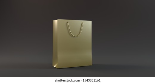 Luxury Rose Gold Paper Shopping Bag With Handles Mock Up. Premium Golden Package For Purchases Mockup On A Black Background. 3d Rendering Design