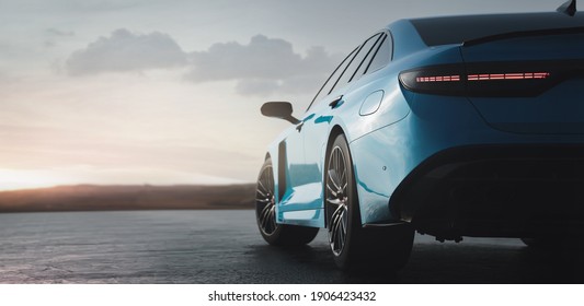 Luxury sedan car sunset scene (non-existent car design, full generic) tail lights detail - 3d illustration, 3d render