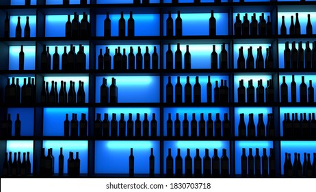 Luxury Shelf of Dark Wine Bottles on Blue Neon Lights Background, 3D Render.