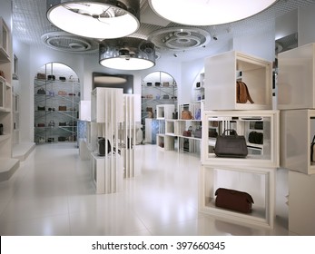 Luxury Shop Interior Design Art Deco Style With Hints Of Contemporary. Idea White Store With Lots Of Rack. Boutique For The Sale Of Bags On The Shelves Of Handbags. 3D Render.