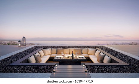 Luxury Sofa With Sea View.Sun Set Scene At Luxury Hotel Lounge On Outdoor Balcony For Party.3d Rendering