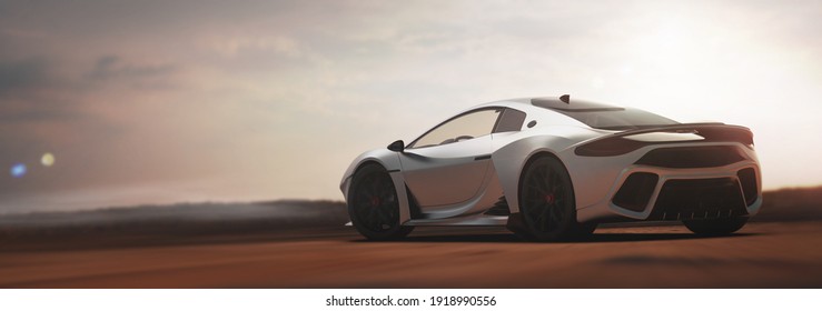 Luxury Sports Car Sunset Scene (non-existent Car Design, Full Generic) Rear-side View - 3d Illustration, 3d Render