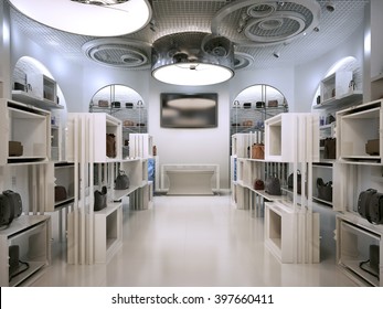 Luxury Store Interior Design Art Deco Style With Hints Of Contemporary. Room White Boutique With Lots Of Shelves. Shop For The Sale Of Bags On The Shelf Of Handbags. 3D Render.