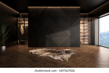Luxury Studio Apartment With A Free Layout In A Loft Style In Dark Colors. Stylish Modern Room Area With Wardrobe, Cozy Room With Soft Animal Rug Carpet. 3d Render