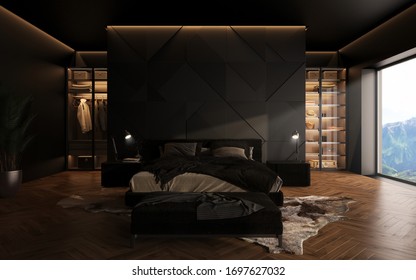 luxury studio apartment with a free layout in a loft style in dark colors. Stylish modern bedroom area with wardrobe, cozy room with soft animal rug carpet. 3d render