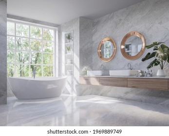 Luxury Style Light Gray Bathroom 3d Render,There Are Marble Floor And Wall ,wooden Sink Counter And Copper Frame Mirror,Rooms Have Large Windows, Overlook Nature View,sunlight Shining Into The Room.