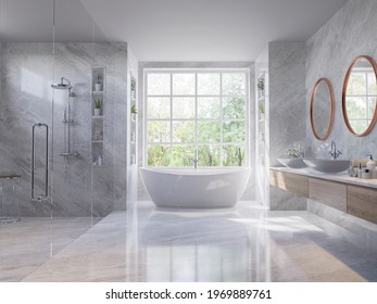 Luxury Style Light Gray Bathroom 3d Render,There Are Marble Floor And Wall ,wooden Sink Counter And Copper Frame Mirror,Rooms Have Large Windows, Overlook Nature View.