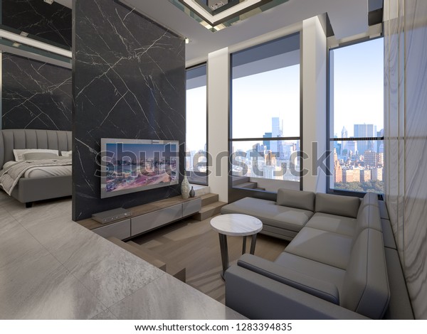 Luxury Sunken Lounge Cityscape 3d Rendering Stock