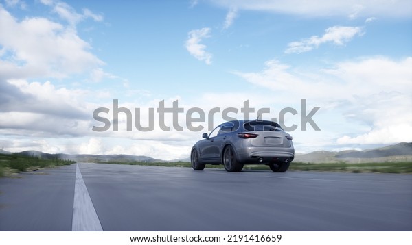 Luxury suv very fast driving on highway.\
Transport concept. 3d rendering. 3D\
Illustration