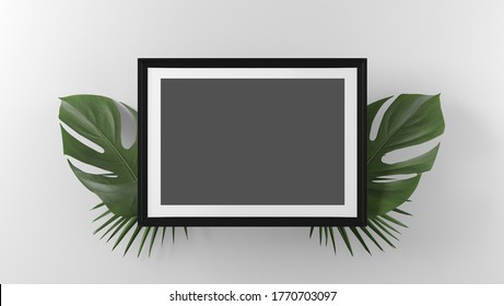 luxury topview mockup black and white photo frame with palm leaves in white background. concept scene stage showcase, product, promotion sale, banner, poster, copy space, presentation. 3D rendering