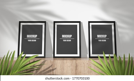 luxury topview mockup black and white photo frame with palm leaves in white background. concept scene stage showcase, product, promotion sale, banner, poster, copy space, presentation. 3D rendering
