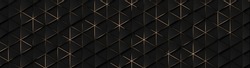 Luxury Triangle Abstract Black Metal Background With Golden Light Lines. Dark 3d Geometric Texture Illustration. Bright Grid Pattern. Pure Black Horizontal Banner Wallpaper. Carbon Elegant Wedding BG