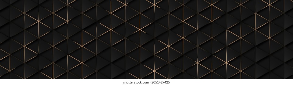 Luxury triangle abstract black metal background with golden light lines. Dark 3d geometric texture illustration. Bright grid pattern. Pure black horizontal banner wallpaper. Carbon elegant wedding BG