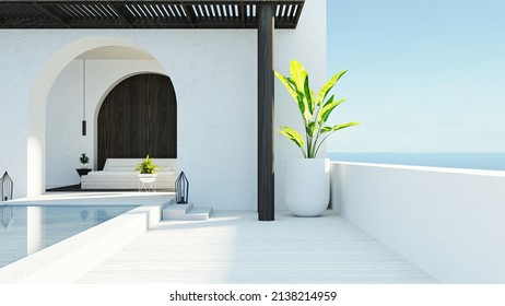 Luxury Villa Bedroom in Santorini Island Style - 3D rendering