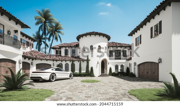 Luxury villa with a car.\
Expensive car in the courtyard. Sports car on the luxury house. 3d\
illustration