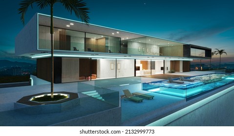 Luxury Villa Exterior Design With Beautiful Infinity Pool. NIght Scene. 3d Rendering