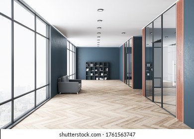 Luxuriöses Wartezimmer mit Bücherregal, Sofa und Panoramablick auf die Stadt. Konzept von Arbeitsplatz und Lifestyle. 3D-Rendering