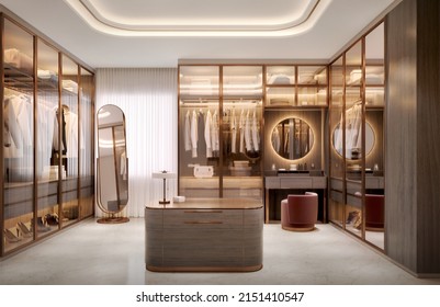 Luxury Walk In Closet Interior With Wood And Gold Elements.3d Rendering