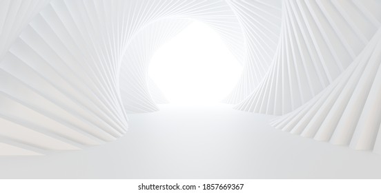 Luxury White Abstract Architectural Minimalistic Background. Contemporary Showroom. Modern  Exhibition Stand. Empty Gallery. Backlight. Polygonal Graphic Design. 3D Illustration And Rendering.