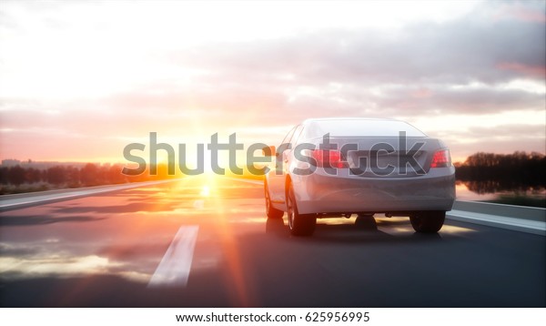 Luxury white\
car on highway, road. Very fast driving. Wonderfull sunset. Travel\
and motivation concept. 3d\
rendering.