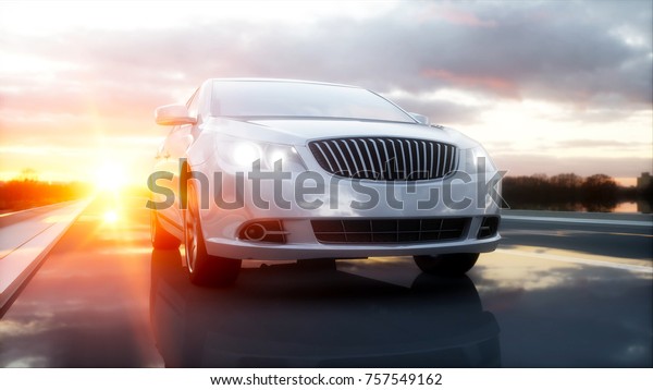 Luxury white\
car on highway, road. Very fast driving. Wonderfull sunset. Travel\
and motivation concept. 3d\
rendering.