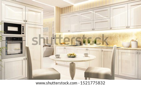 Luxury white kitchen. 3D rendering