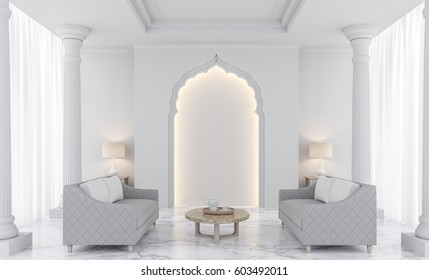 Luxury white living room 3D rendering Image.There are decorated with arches indian style,doric column, white marble floor and hidden warm light 