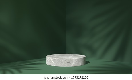 Luxury White Marble Block, Circle, Cylinder Podium Shadow Leaves In Green Natural Background. Concept Scene Stage Showcase, Product, Perfume, Promotion Sale, Banner, Presentation, Cosmetic. 3D Render