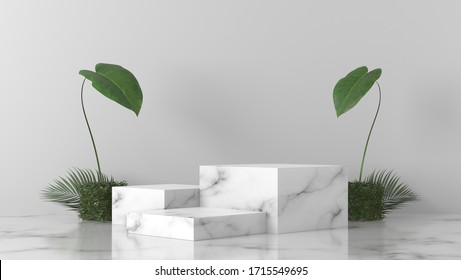 luxury white Marble box, block, square podium cube green leaves in white marble background. concept scene stage showcase, product, perfume, promotion sale, banner, presentation, cosmetic. 3D render