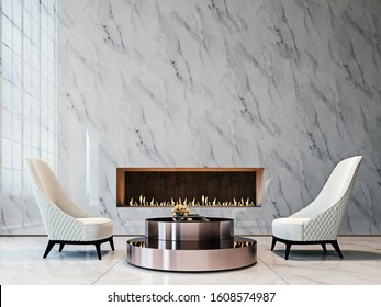 Luxury White Marble Mock-up Wall With Tufted White Armchairs, Brushed Metal Coffee Table And Modern Built-in Fireplace, Living Room, 3d Render, 3d Illustration