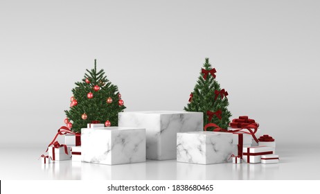 Luxury White Marble Podium In Christmas Background. Decor By Christmas Tree, Gift Boxes, Ribbon. Concept Scene Stage Showcase, Product, Perfume, Promotion Sale,  Presentation, Cosmetic. 3D Render