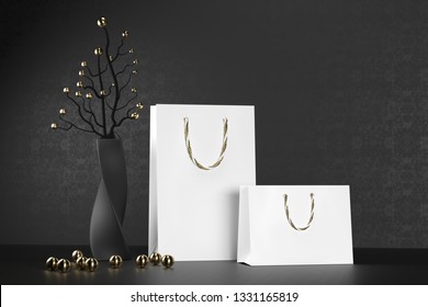 Luxury White Paper Shopping Bag With Handles Mock Up. Premium Black Package For Purchases Mockup On A Black Background. 3d Rendering