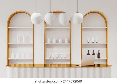 Luxury white salon interior with reception desk, laptop and arched shelf with cosmetics. Barber shop with registration or check-in space, minimalist design. 3D rendering - Powered by Shutterstock