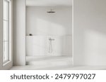 Luxury white stone hotel bathroom interior with shower with wall mounted arm. Shelf for accessories, podium concrete floor. Bathing space with panoramic window. 3D rendering