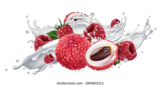 Lychee And Raspberries In A Yogurt Splash.