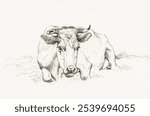 Lying cow (1816) by Jean Bernard (1775-1883). Black and white cow cattle farm animal sketch. Vintage cow cattle art drawing illustration, old painting art print of cow farm animal.