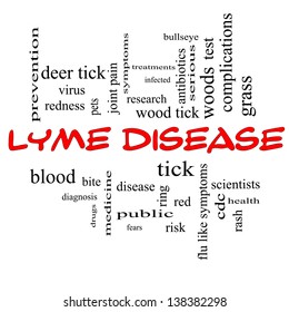 Lyme Disease Word Cloud Concept In Red Caps With Great Terms Such As Deer Tick, Blood, Bullseye, Bite And More.