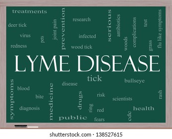 Lyme Disease Word Cloud Concept On A Blackboard With Great Terms Such As Deer Tick, Blood, Bullseye, Bite And More.